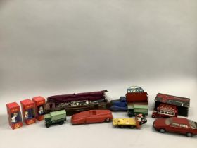 A West German tin plate toy A/F, a Marx clockwork car, tin plate truck, Saab model car, two Corgi