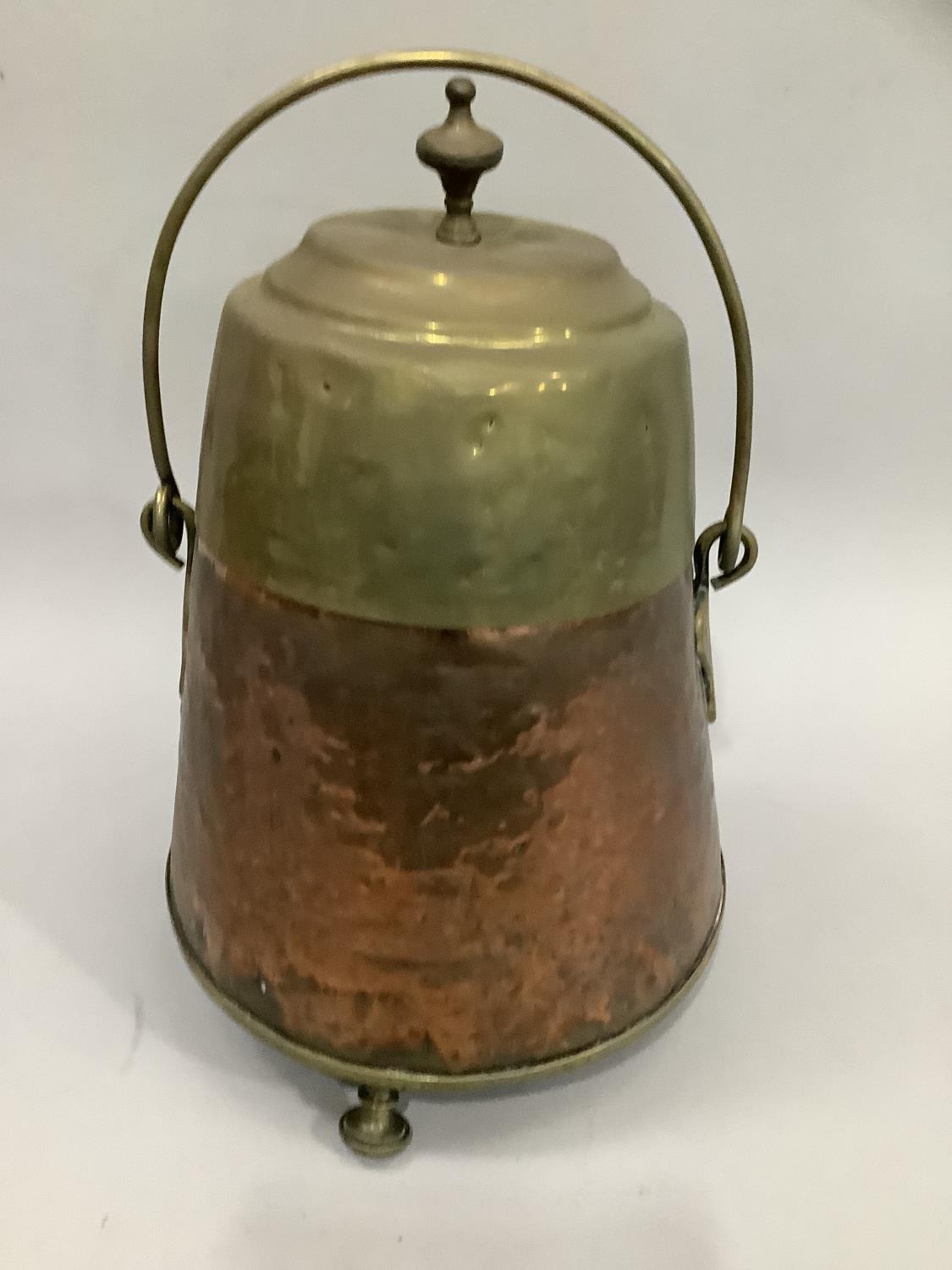 Dutch copper and brass doofpot with brass lid and finial, swing handle on raised feet 44cm high - Image 2 of 2