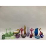 Quantity of glass including a green glass dressing tray and candle sticks, Murano cockerel and duck,