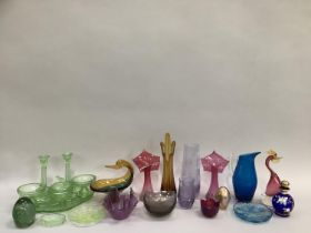 Quantity of glass including a green glass dressing tray and candle sticks, Murano cockerel and duck,