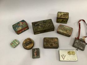 Collection of vintage advertising tins including for Hawino toffee, Skipper British Navy Cut,