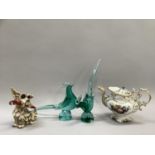 Two Murano glass pheasant figures, green and clear glass the bases having coloured inclusions, the