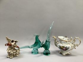 Two Murano glass pheasant figures, green and clear glass the bases having coloured inclusions, the