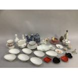 Quantity of ceramics comprising, Aynsley white avocado dishes, Dresden style trinket dish and cover,
