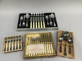 Set of stainless steel cutlery, set of silver plated serving spoons, cake forks and fish knives