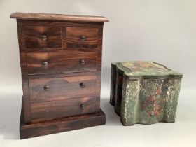 Rosewood veneered specimen chest with two short over three long drawers 30cm high x 22cm deep,
