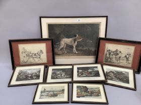 A collection of 19th century prints including four Fox Hunting, a large example of a pointer and two