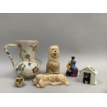 Arthur Wood pearlescent jug with applied flowers, two Sylvac dogs, retro salt and pepper, Carlton