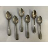 A set of six George IV silver teaspoons, fiddle back pallers, each initialled indistinctly, Total