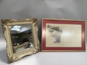 A rectangular standing mirror with ornate composite gilt frame together with a pencil study of a