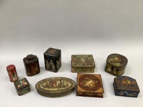 Quantity of vintage tins including a tea cannister with Japanned decoration, an example bearing