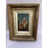 Oil on board, biblical scene of a man on a white horse and servant, in ornate gilt frame