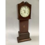 Miniature Edward VII mahogany mantle long case clock with broken pediment inlaid with satinwood,