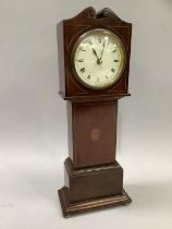 Miniature Edward VII mahogany mantle long case clock with broken pediment inlaid with satinwood,