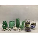 Three porcelain and silver plated biscuit barrels, green gluggle jug, Sylvac jug with moulded handle