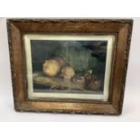 Still life of onions and cabbage on hessian basket, oil on canvas in gilt frame with slip, 28cm x