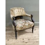 Edwardian mahogany inlaid parlour chair with cream and floral upholstery