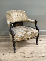Edwardian mahogany inlaid parlour chair with cream and floral upholstery