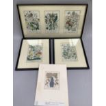 A set of three 19th century botanical prints in one frame together with two others and a loose