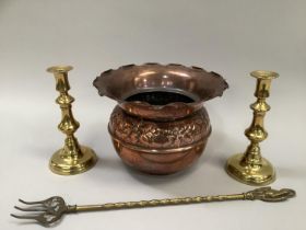 Copper jardiniere with frill rim the globular body moulded with flowers together with a pair of