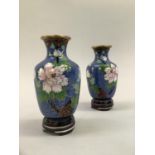 Pair of cloisonne vases of ovoid form, enamelled in blue with white flowers and birds on carved
