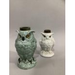 A pair of William Whiteley France, porcelain owl lamp bases, in light blue and white,