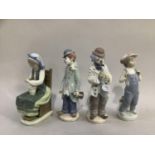 Four Lladro figurines, Daisa girl with vase A/F, Clown with saxophone, a clown with a violin and