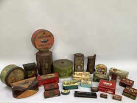 A collection of vintage advertising tins including OXO, Mirrormints, KitchenMaid Cake etc.