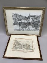 Pencil drawing of a harbour scene, 29cm x 41cm together with a map of the East Riding of Yorkshire