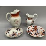 Gaudy Welsh wash jug along with dish and plate with a large moulded jug