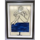 A charcoal and acrylic study of a male figure above block of blue colour, on paper, unsigned, 82cm x