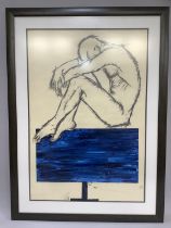 A charcoal and acrylic study of a male figure above block of blue colour, on paper, unsigned, 82cm x