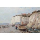 Richard Wane RBA (1852-1904), Kentish shoreline with figures, beached fishing boats and bathing huts