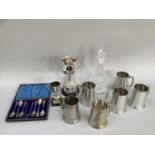 Quantity of Sheffield pewter tankards, cups, plated trophys, silver plated spoon and tong set in