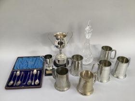 Quantity of Sheffield pewter tankards, cups, plated trophys, silver plated spoon and tong set in