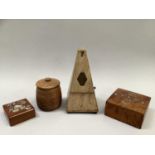 Hinged walnut box inlaid with mother of pearl and another, metronome and a heavily carved pot with