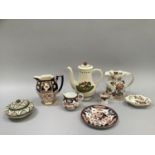 Masons ironstone moulded jug, Masons dish, Imari style jug, Crown Derby jug and dish, Dartmouth