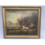 English School, Hunting Scene emerging from a forest, oil on canvas, in gilt frame 40cm x 50cm