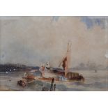 Edward Pritchett (1828-C1870) Dutch Fishing Boat, off the jetty with female figures aboard,