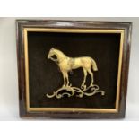 19th century gilt metal bas relief of a horse on felt back in mahogany frame, 36cm x 42cm