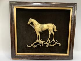 19th century gilt metal bas relief of a horse on felt back in mahogany frame, 36cm x 42cm