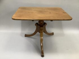 A Victorian mahogany rectangular topped table on turned and tripod base, 72cm by 52cm