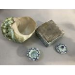 French faience inkwell, painted blue with trailing foliage, having central well and cover together