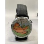 A Garfield manual wristwatch in chromed case, the orange image of Garfield within an animated tail