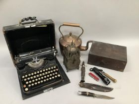 Continental type writer in case, 19th century copper kettle, 19th century lantern clock converted to