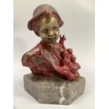 After Giovanni de Martino, Bronze bust of boy with onions, on marble base, overpainted in red,