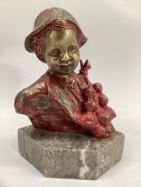 After Giovanni de Martino, Bronze bust of boy with onions, on marble base, overpainted in red,