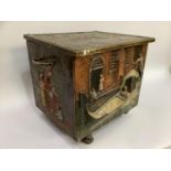 Early 20th century copper coal box moulded in relief with coloured scenes of Venice, with twin