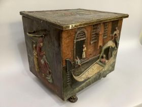 Early 20th century copper coal box moulded in relief with coloured scenes of Venice, with twin