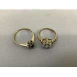 Two cluster rings both in 9ct gold and variously set with opals, a small sapphire and diamonds Total